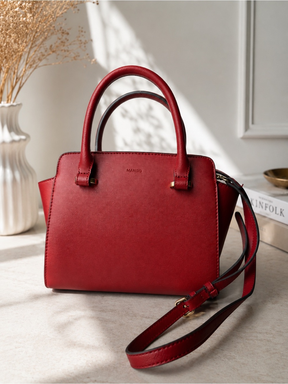 Mango Red Structured Top-Handle Satchel with Strap
